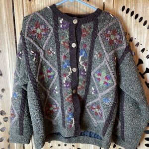 Elegant Icelandic Design Floral Knit Cardigan Wool Button Front Boho
